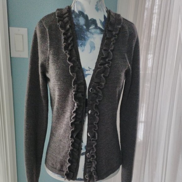 Grey Ruffle Italian Merino Wool Cardigan - Picture 6 of 13